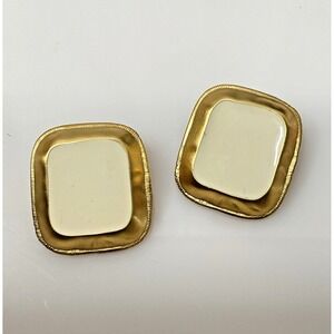 Vintage Anne Klein Gold Tone Cream Enamel Earrings Square Pierced Classic